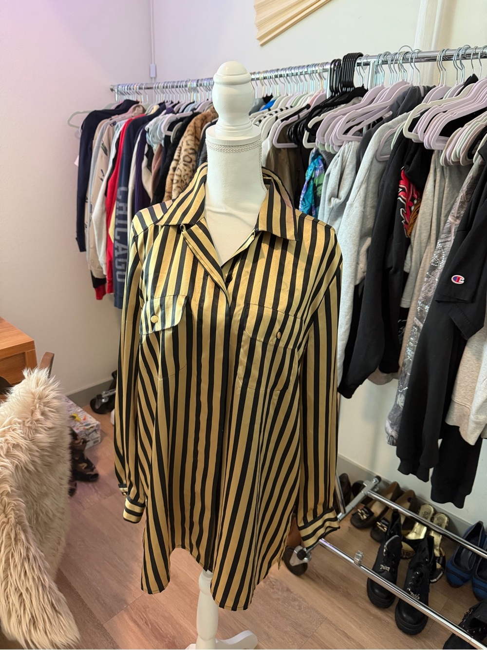 Leslie Fay Black and Gold Vertical Stripe Button-Front Blouse